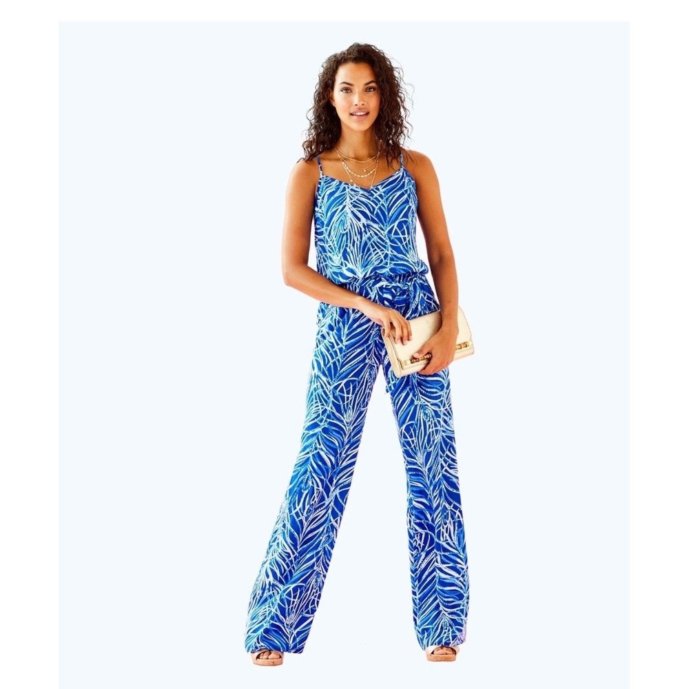 Lilly‎ Pulitzer XS Blue Palm Print Sleeveless Jumpsuit Wide Leg Tropical Resort